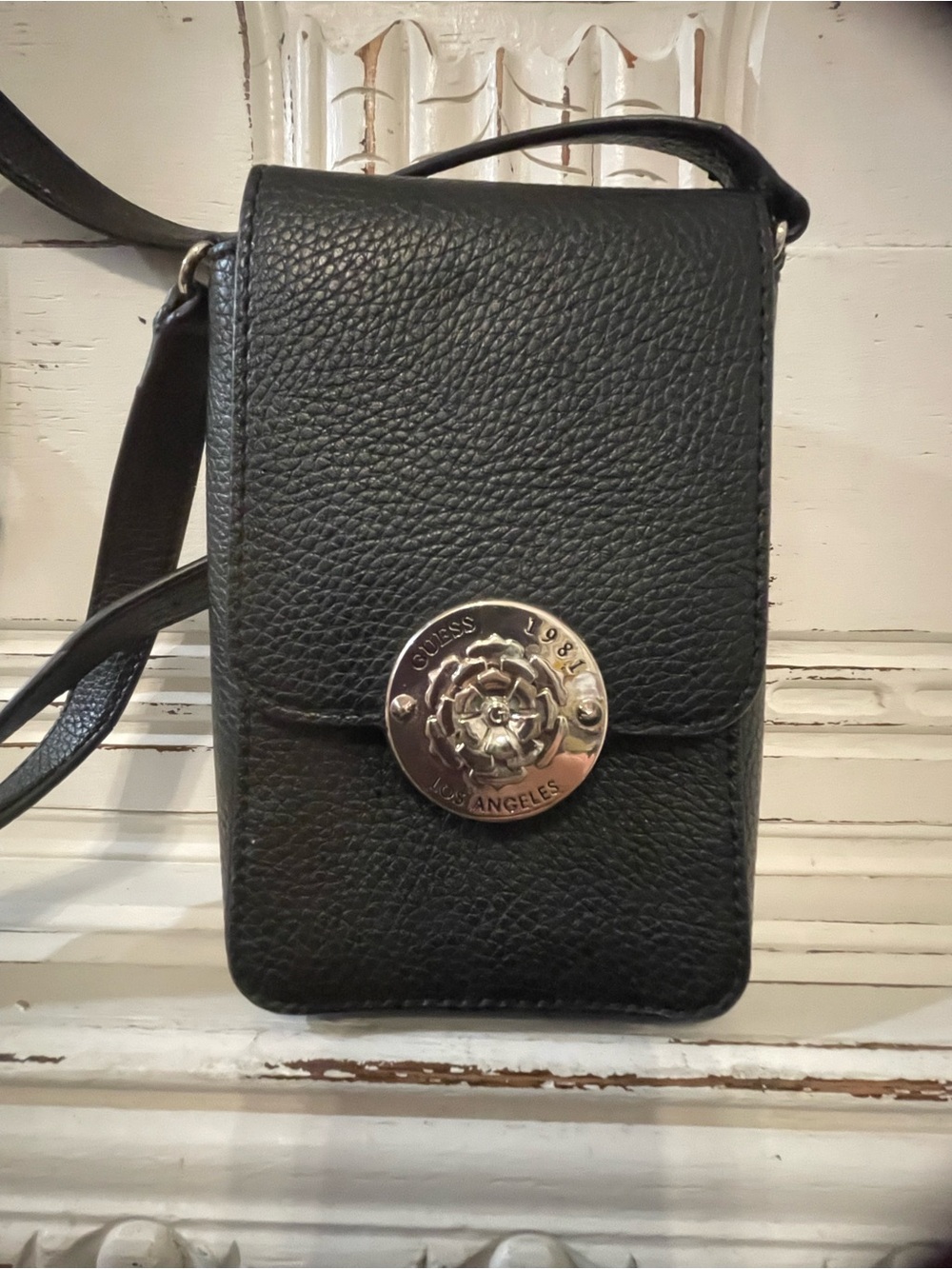 GUESS Black Pebble Faux Leather Crossbody Phone Bag